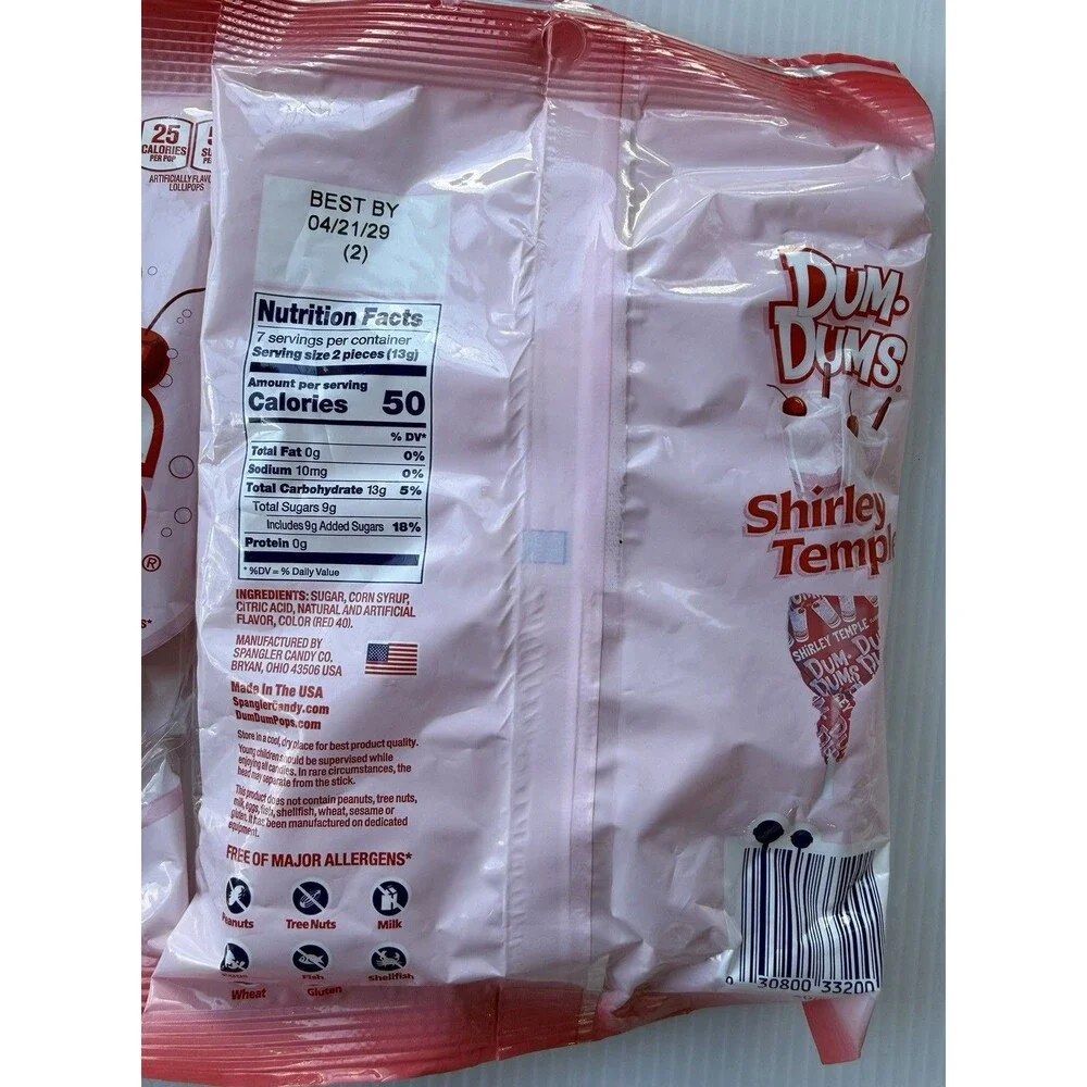 2pc Dum-Dums Shirley Temple Flavored Lollipops 3.5 Oz Bags Cherry Indv Wrap Pops